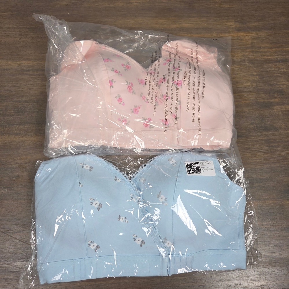 FionaBra Women M Bra 2 Pack Wireless Front Closure Cotton Floral NWT Pink Blue